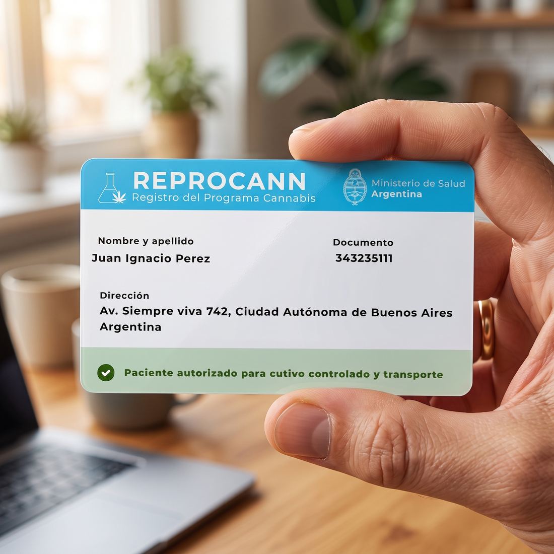 Mano sosteniendo una credencial de REPROCANN emitida por el Ministerio de Salud (ejemplo con datos ficticios)